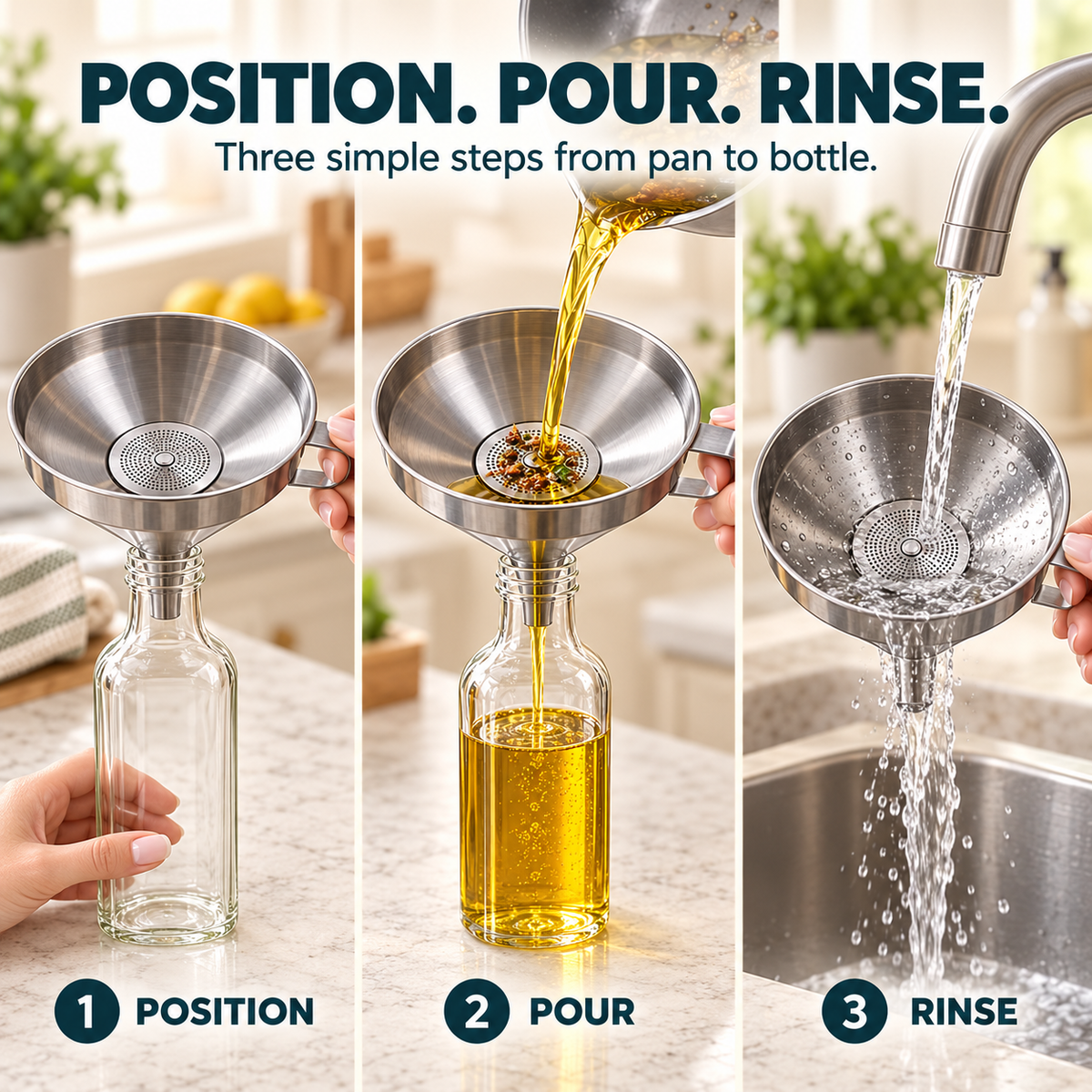🥄Stainless Steel Kitchen Funnel Pour, Strain & Transfer Without the Mess