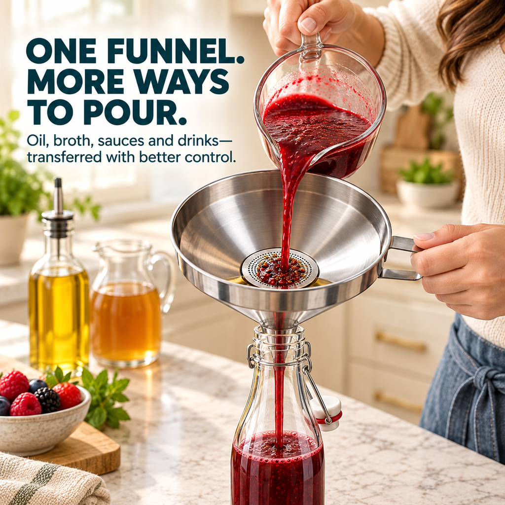 🥄Stainless Steel Kitchen Funnel Pour, Strain & Transfer Without the Mess